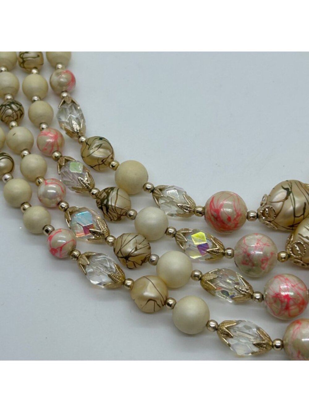 Vintage 4-Strand Japan Necklace Pink Swirl Beads Glass Acrylic Gold-Tone 1950s - Picture 11 of 16